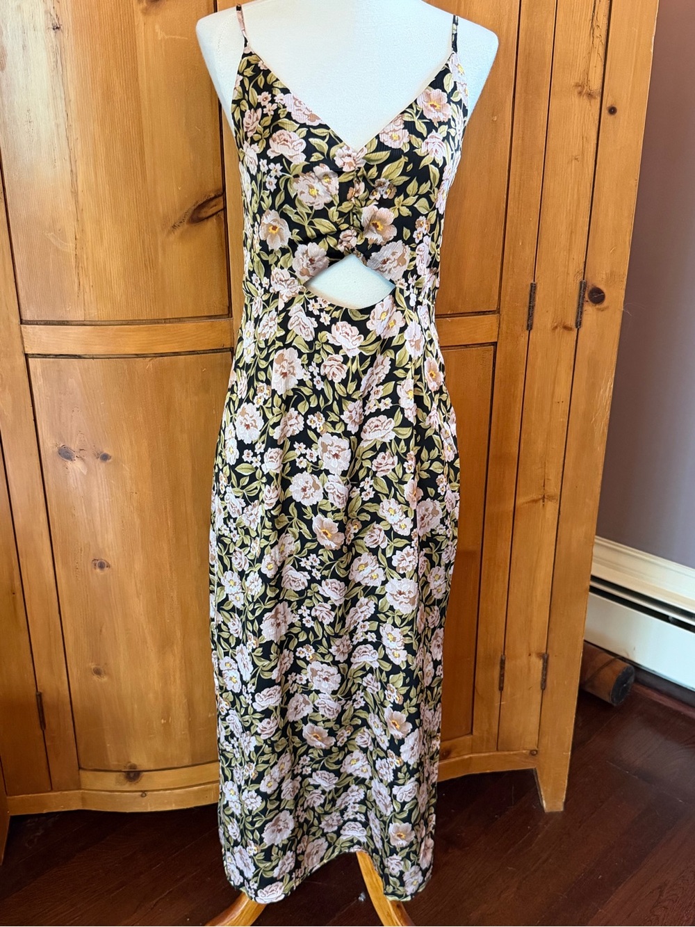 MINKPINK Black Maxi Dress with Pink Floral Print and Front Cutout, size S, NWT